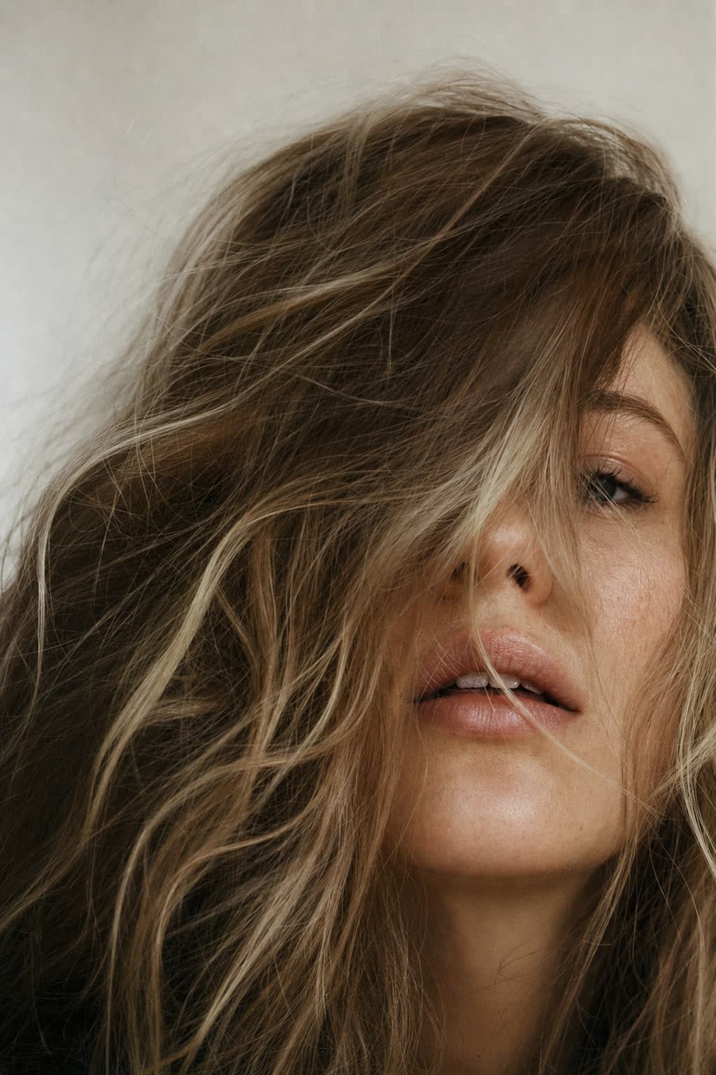Close-up of soft, lived-in balayage hair falling across a woman’s face